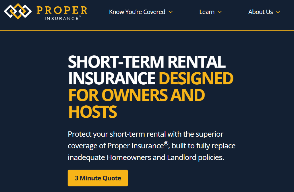 Proper Insurance homepage short-term vacation rental insurance quote