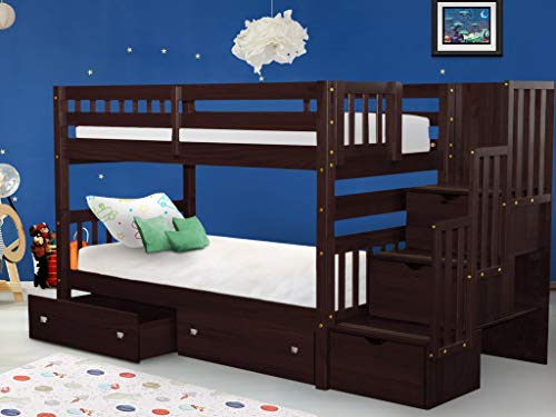 Bedz King Stairway Bunk Beds Twin over Twin with 3 Drawers in the Steps and 2 Under Bed Drawers, Cappuccino