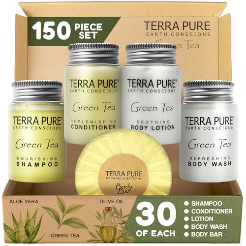 Hotel Size Toiletries Set | 1-Shoppe All-In-Kit Amenities For Hotels, Airbnb & Rentals | 1 oz Hotel Shampoo & Conditioner, Body Wash, Body Lotion & 1.25 oz Bar Soap | 150 Piece Terra Pure Travel Set