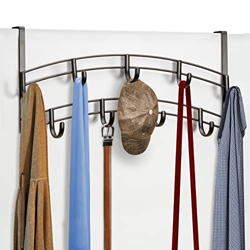 Lynk® Over Door Hook Rack - Scarf, Belt, Hat, Jewelry Hanger - 9 Hook Organizer Rack - Bronze