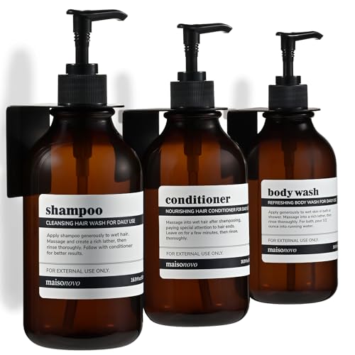 MaisoNovo Shampoo Dispenser for Shower Wall 3 Chamber - Drill Free Shower Soap Dispenser Wall Mount with Waterproof Labels - 3 Bottles 3 Wall Mounts