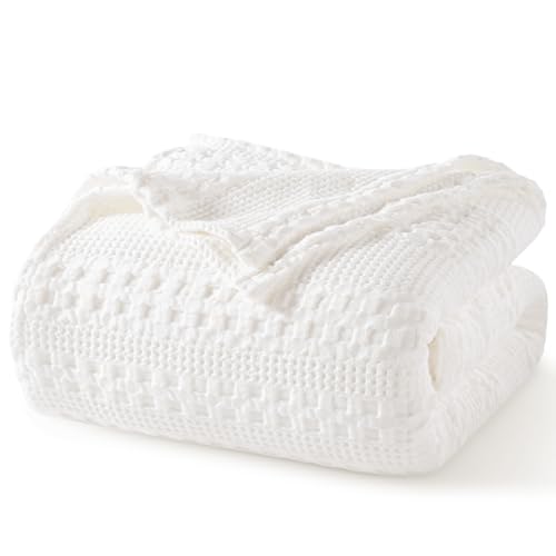 PHF 100% Cotton Waffle Weave Blanket Queen Size - Washed Soft Breathable Skin-Friendly Blanket - Perfect Warm Textured Blanket Layer for Couch Bed Sofa 90"x90" - White