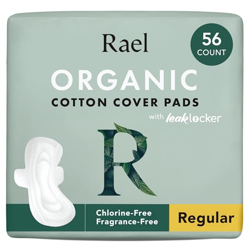 Rael Pads for Women, Organic Cotton Cover - Moderate Absorbency, Feminine Care, Ultra Thin, Sanitary Napkins with Wings, Unscented (Regular, 56 Total)